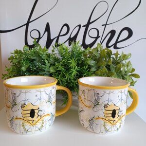 Bee Haven Ceramic Coffee/Tea Mugs | Set of 2 | 12 oz | Yellow & White